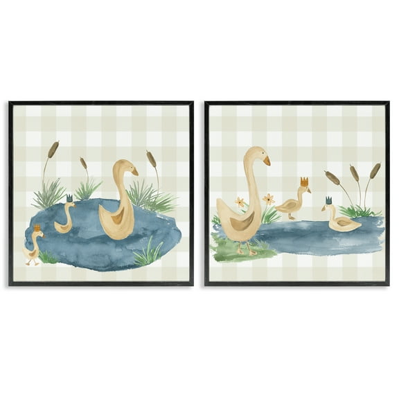Stupell Industries Swan Family in Pond Landscape & Nature Painting Black Framed Art Print Wall Art, 12 x 12, Set of 2