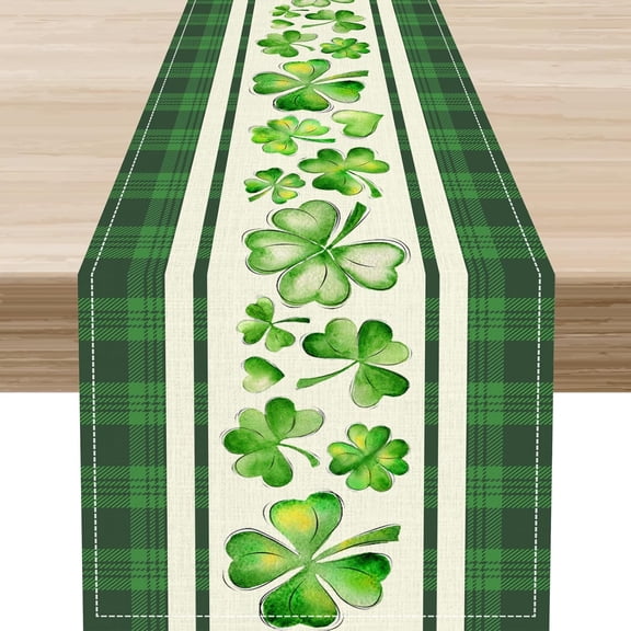 St.Patrick''s Day Table Runner,Vinatge Rustic Green Buffalo Plaid White Shamrock Watercolor Table Center Decor for Home Kitchen Dining Patio Holiday Party Indoor Table Decorations, 13"x36"