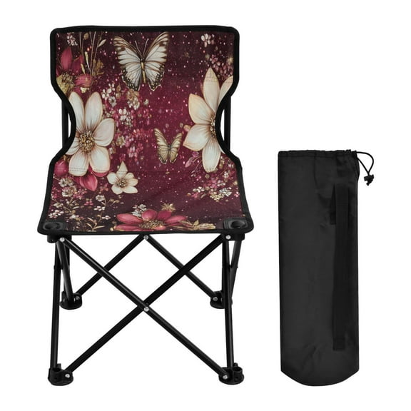 YAZAOO Camping Chairs Modern Blossoms and Butterflies on Burgundy Pattern Folding chair