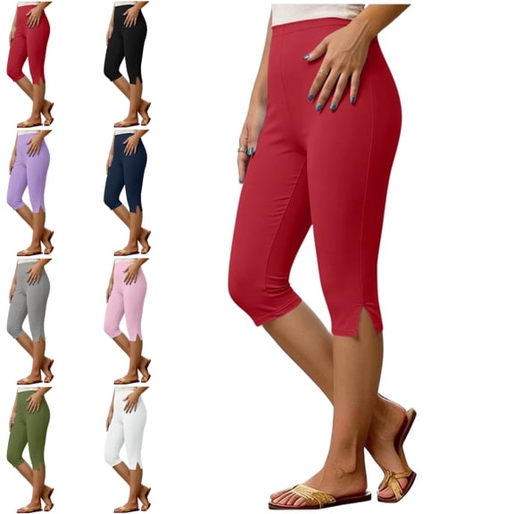 MLCDZ Women's Soft Capri Leggings 3/4 Cropped Leggings Elastic High Waisted Side Splits Capris Yoga sports pants