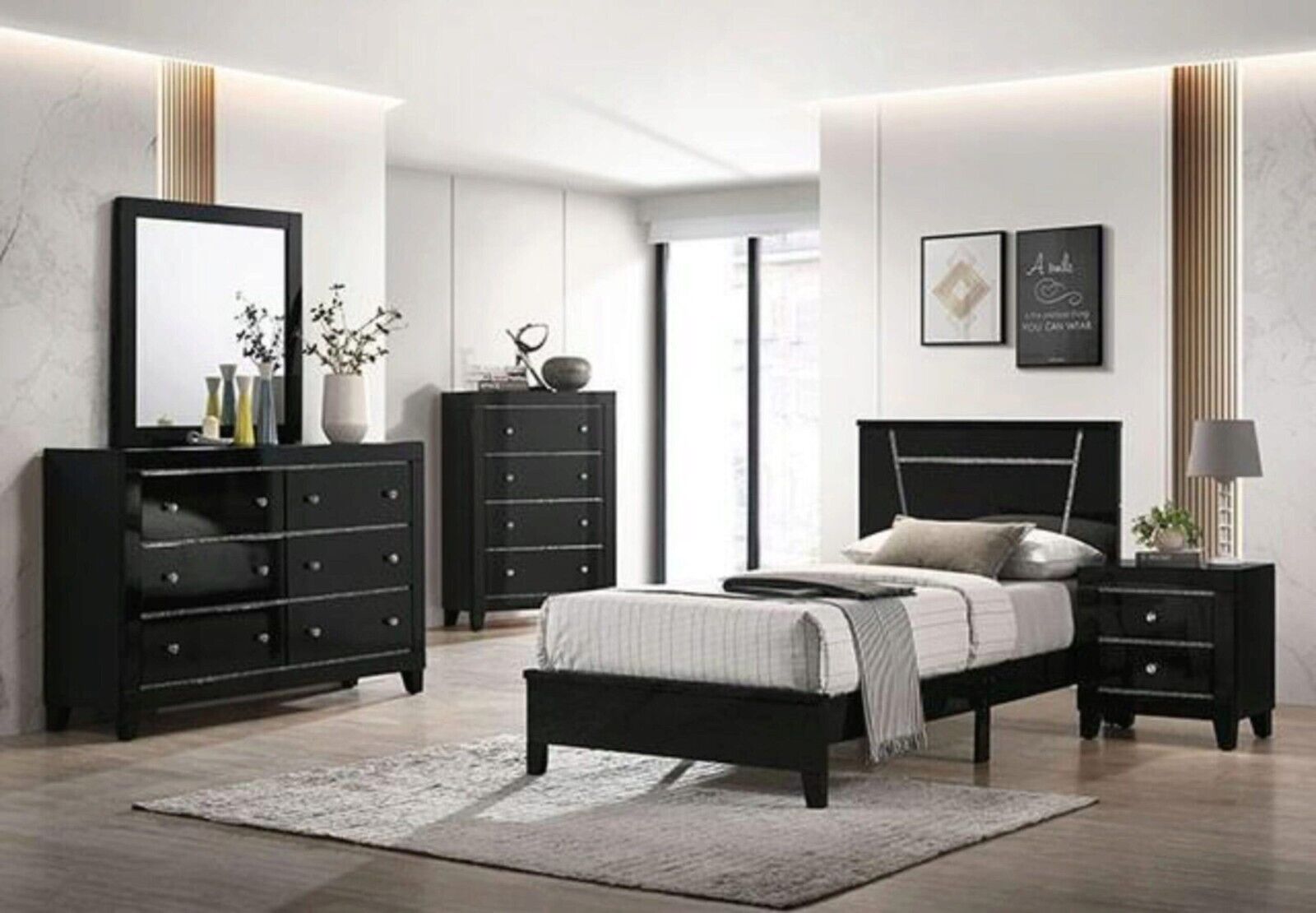 Black High Gloss 4pc Bedroom Set Twin Size Bed Dresser Mirror Nightstand Solidwood Contemporary