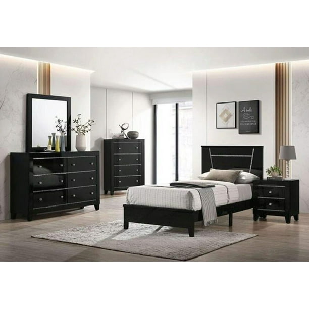 Black High Gloss 4pc Bedroom Set Twin Size Bed Dresser Mirror