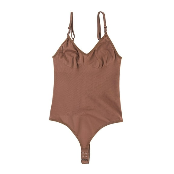 Viluyesy Womens Thong Shapewear, Adjustable Strap V Neck Seamless Tummy Control Comfortable Fit Bodysuit Coffee XL