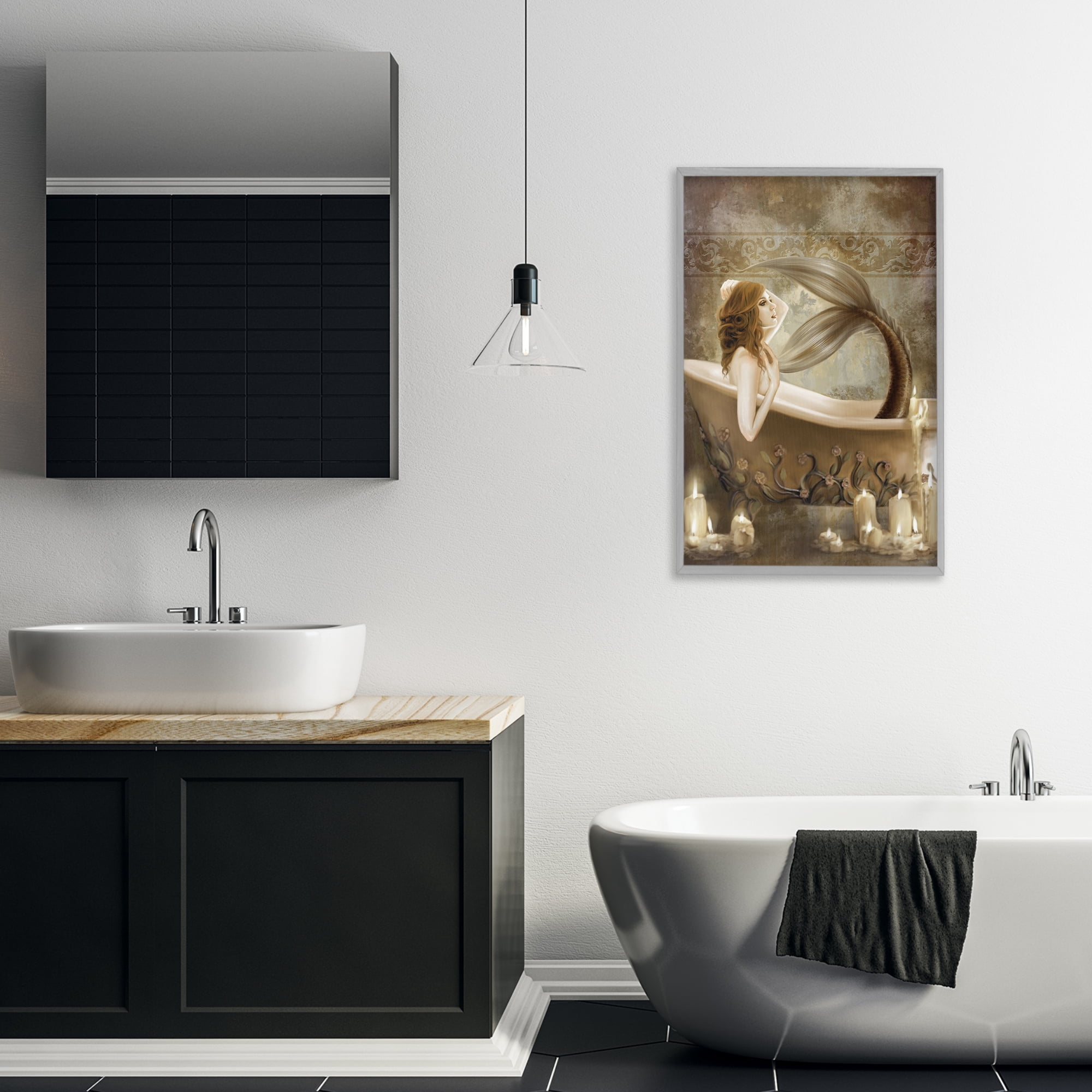 Stupell Industries Sepia Bath Time Mermaid Gray Framed Giclee Art, design by Selina Fenech