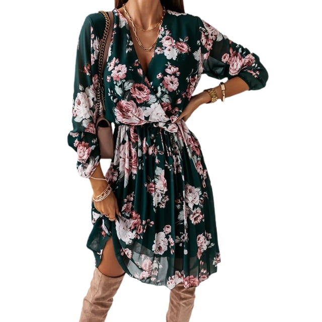 Sunloudy - Vestido de manga larga para mujer, estilo vintage, con estampado de flores, cuello en V, plisado, de longitud media, con cinturón Sunloudy S M L XL