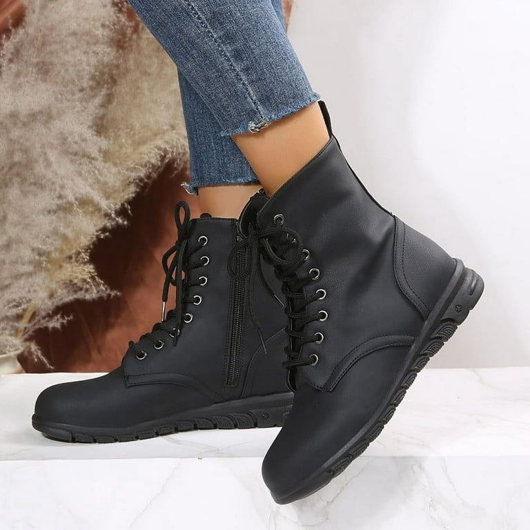 jsaierl British Style Solid Color Lace-up Boots Side Zip