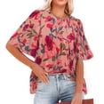 thumbnail image 3 of Camiseta estampada para mujer, mangas media campana, holgada, cuello redondo, blusa suelta de verano, flor rosa ceniza L, 3 of 6
