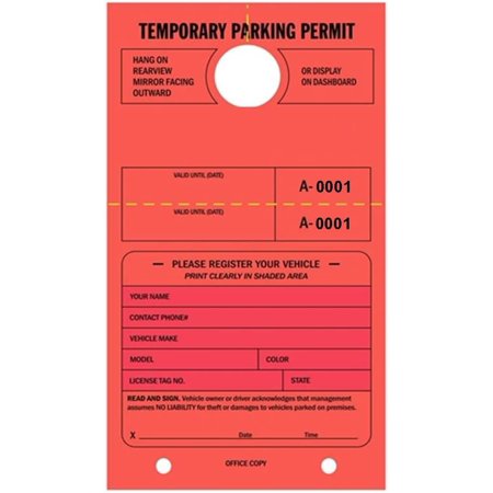 Temporary Parking Permit - Mirror Hang Tags, Numbered with Tear-Off Stub, 7-3/4" x 4-1/4", Bright Fluorescent Red - Pack of 50 Tags (0001-0050)