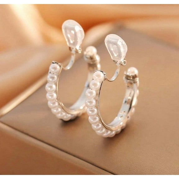 Clip on 1 1/4" silver and white pearl hoop earrings