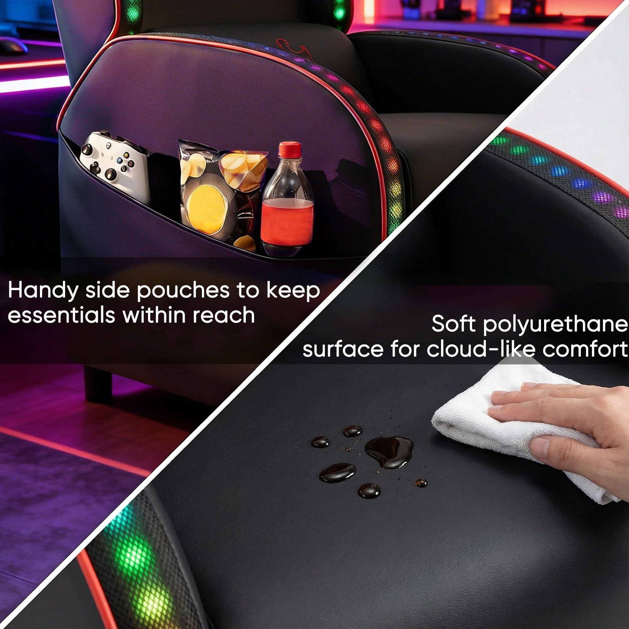 Homall RGB LED Lights Gaming Massage Recliner Chair Racing Style Single Living Room Sofa Ergonomic Home Theater Seating with Massage Lumbar Support, Red