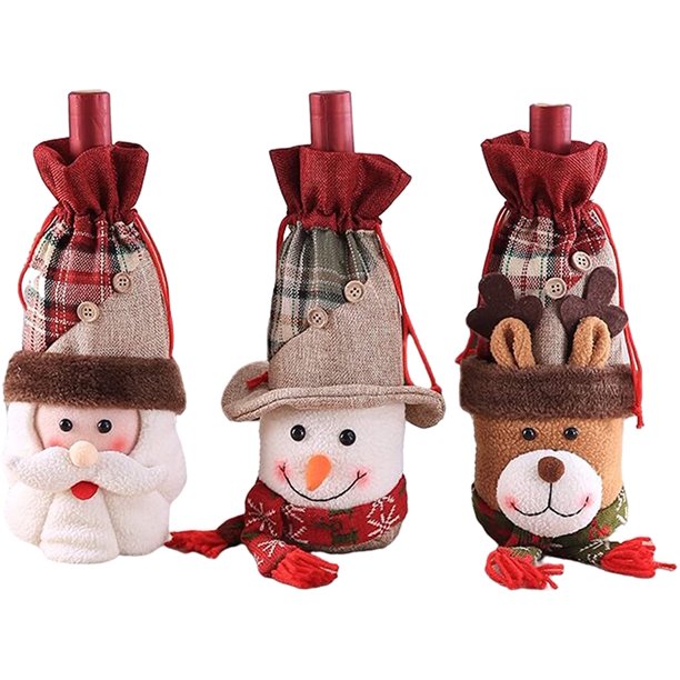 3 Pack de bolsas de botellas de vino de Navidad, vestido de botella de vino de Navidad, Santa Claus, muñeco de nieve y bolsas de reno con cordón para fiesta navideña brillar Electrónica