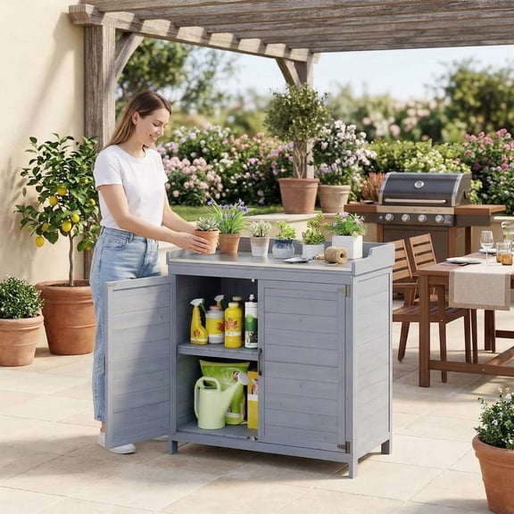 Lofka Outdoor Wooden Storage Cabinet with Potting Bench, Gray, Weatherproof Garden Work Station, Patio Tool Shed for Backyard