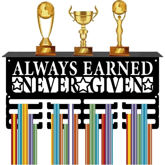 1Sets Metal Medal Holder Trophy Shelf Display with 12 Hooks Sports Black Medals Display with Shelf Awards Medal Hanger Rack for Running Football Players 11.4x5x4Inch-Always Earned Never Given