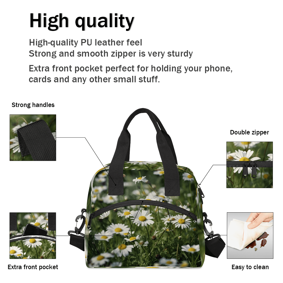 Herdesigns Daisy Insulated Lunch Bag for Women Men Adults Large Reusable Lunch Box Floral Leakproof Cooler Tote Bags with Adjustable Shoulder Strap