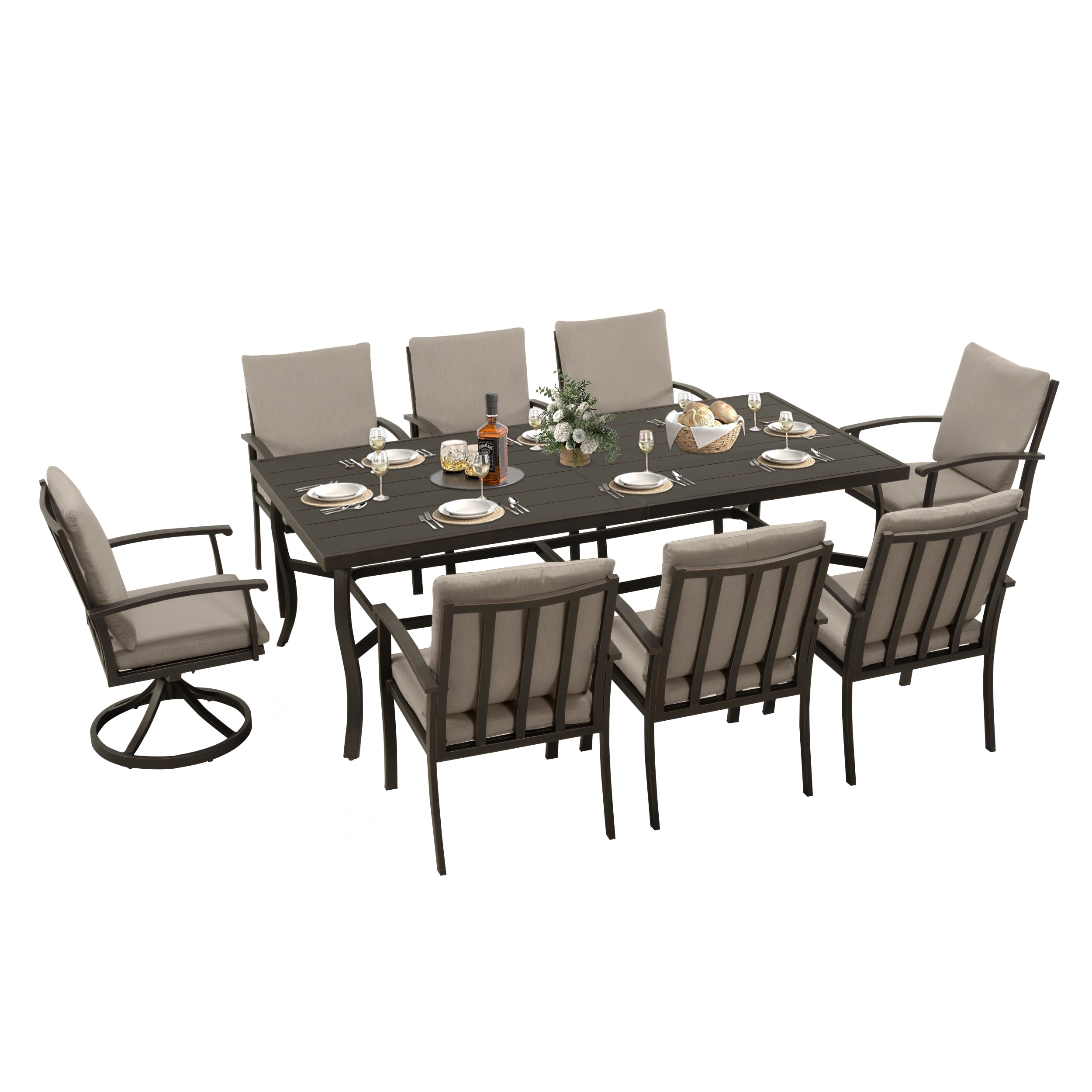 HAPPATIO Aluminum 9 Piece Patio Dining Sets, Outdoor Dining Set for 8, Patio Furniture Sets, 2 Swivel Dining Chairs, 6 Dining Chairs, Aluminum Furniture Set for Patio, Yard (Black)