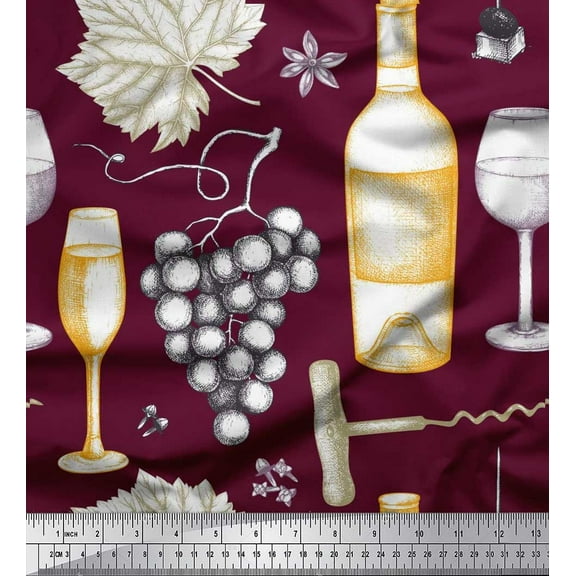 Soimoi Silk Fabric Grapes,Wine Glass & Bottle Printed Fabric 1 Yard 42 Inch Wide