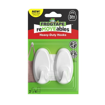 FrogTape reMOVEables Medium White Heavy Duty Hooks, 2 Hooks and 4 Adhesive Strips