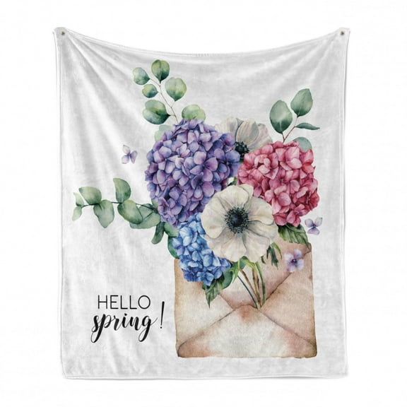 Hydrangea Soft Flannel Fleece Throw Blanket, Watercolor Vintage Print of Flowers in Letter with Hello Spring Typography, Cozy Plush for Indoor and Outdoor Use, 50" x 60", Multicolor, by Ambesonne