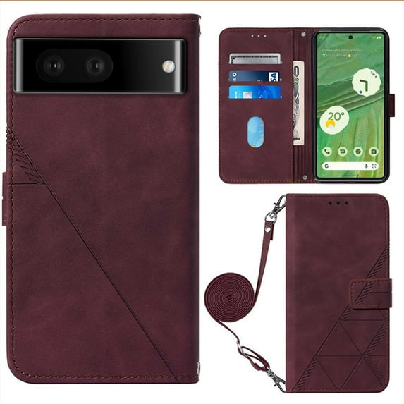 ELEHOLD Shoulder Strap PU Leather Wallet Case for Google Pixel 7 Ultra slim Soft TPU Magnetic Clasp Flip Folio with Kickstand Shockproof Removable Adjustable Crossbody Shoulder Strap Wallet,Winered