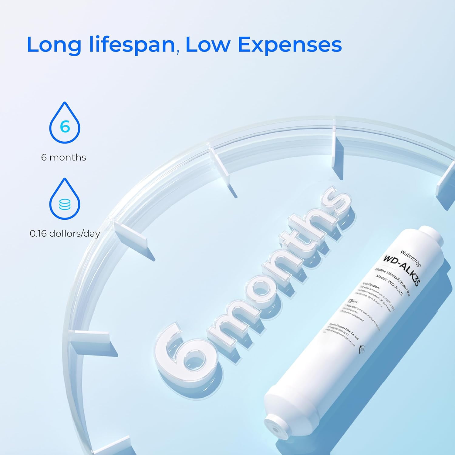Waterdrop Alkaline Water Filter WD-ALK35, Alkaline Filter for Reverse Osmosis System, pH Balance and Restore Minerals for RO Alkaline Filter, Under Sink Water Filter, 1/4" Quick Connect