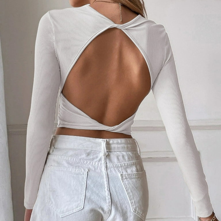 PMUYBHF Backless Top with Built in Bra Plus Size Womens Backless Casual  Cropped Slim Long Sleeve T Shirt Top Womens Fashion Tops for Women Summer