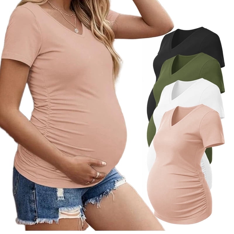 Weardear 4 Pack Maternity Shirts Side Ruched Pregnancy Tee Tops V Neck Short Sleeve Postpartum Clothes