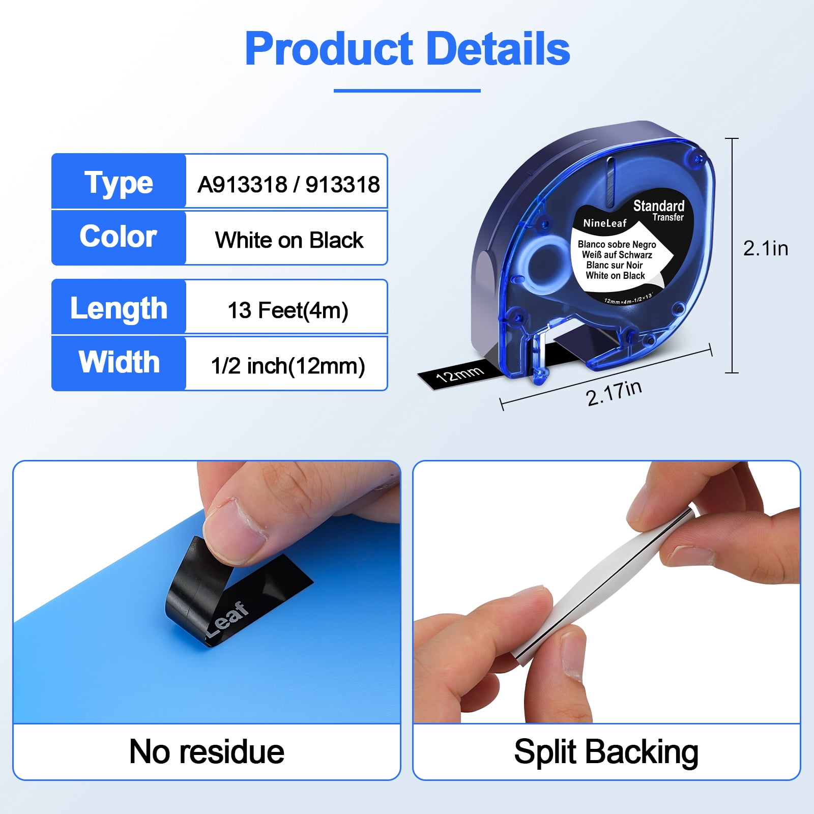 NineLeaf 5PK Compatible for DYMO LetraTag Refills 913318 12mm 1/2" White on Black Plastic Label Maker Tape