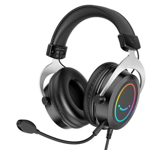 FIFINE RGB Auriculares para juegos Cómodos auriculares supraaurales con micrófono Conexión de conector de audio con cable Auriculares de cuero con cancelación pasiva de ruido para PC PS4 PS5 Xbox Game
