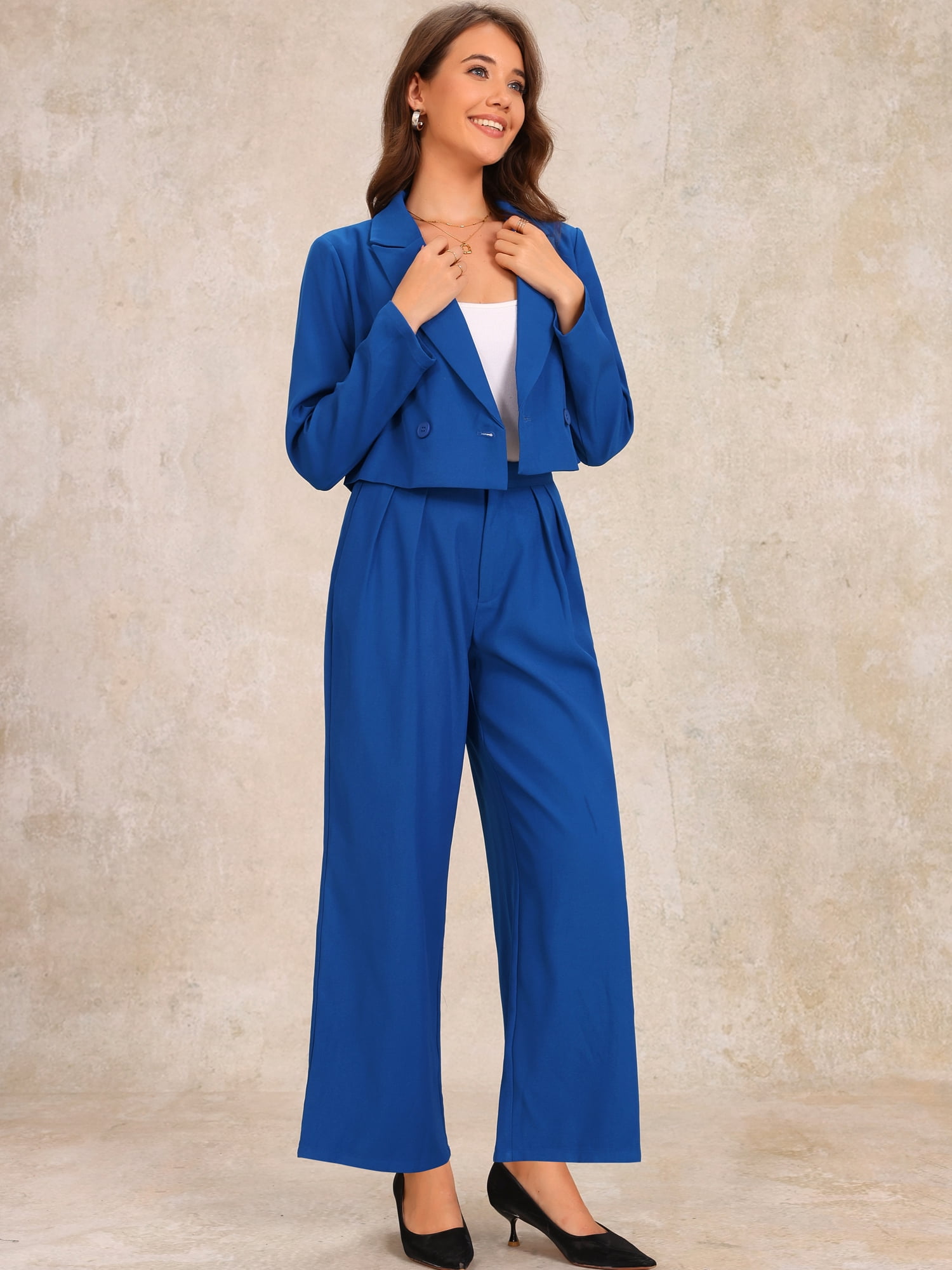 DARING DIVA Women's 2 Pcs Notched Lapel Jacket Wide Leg Pant S Blue