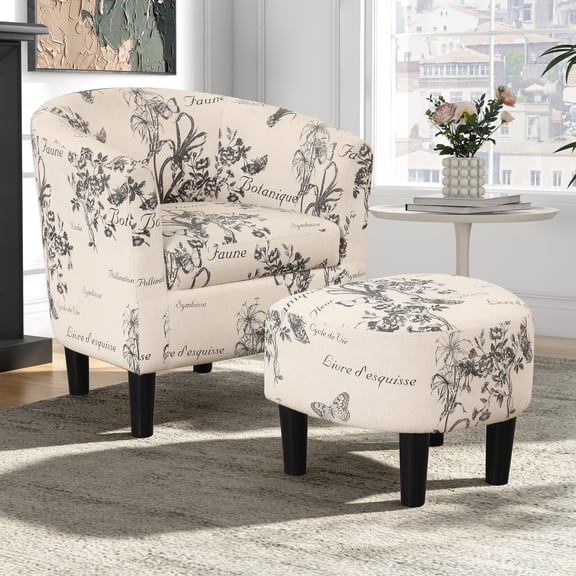 Ebello Velvet Accent Chair with Ottoman for Living Room, Beige