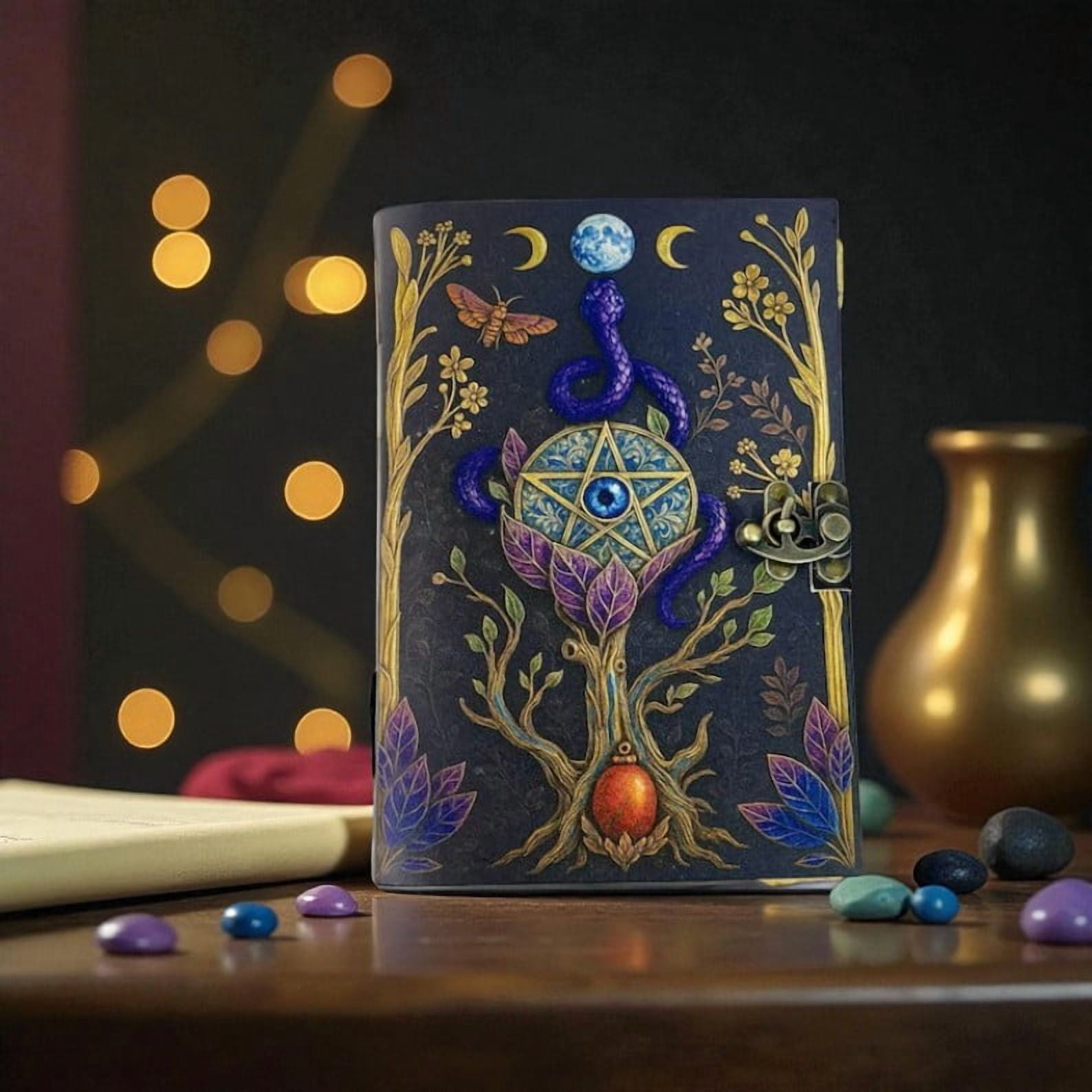 Handmade Leather Journal with Mystical Pentagram & Serpent Artwork – 5x7 Inch Vintage Notebook, 200 Deckle Edge Pages, Antique Metal Lock