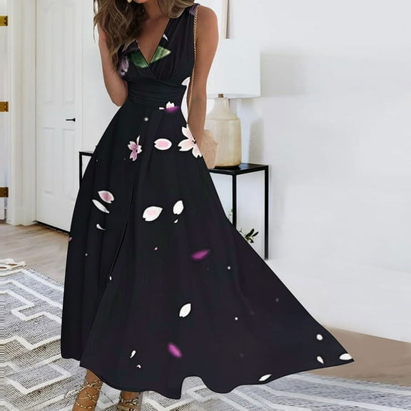 Sakmal Sundresses for Women 2024 Floral Evening Gown Flowy Sleeveless Comfort Fit White Maxi Faux-Wrap Dress