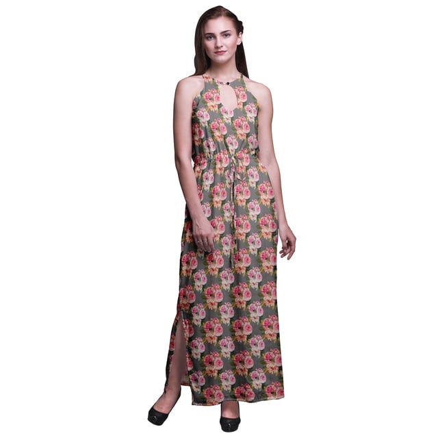 Bimba Robe Maxi à Imprimé Floral pour Femmes, Col Rond, Taille Élastique, avec Fentes Latérales, Tenue d'Été-TTTG