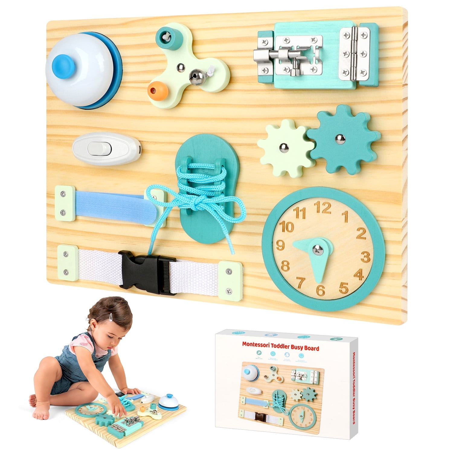 Flooyes Montessori Busy Board for Kids Wooden Activity Board Gift For Boys Girls 18M+ Birthday