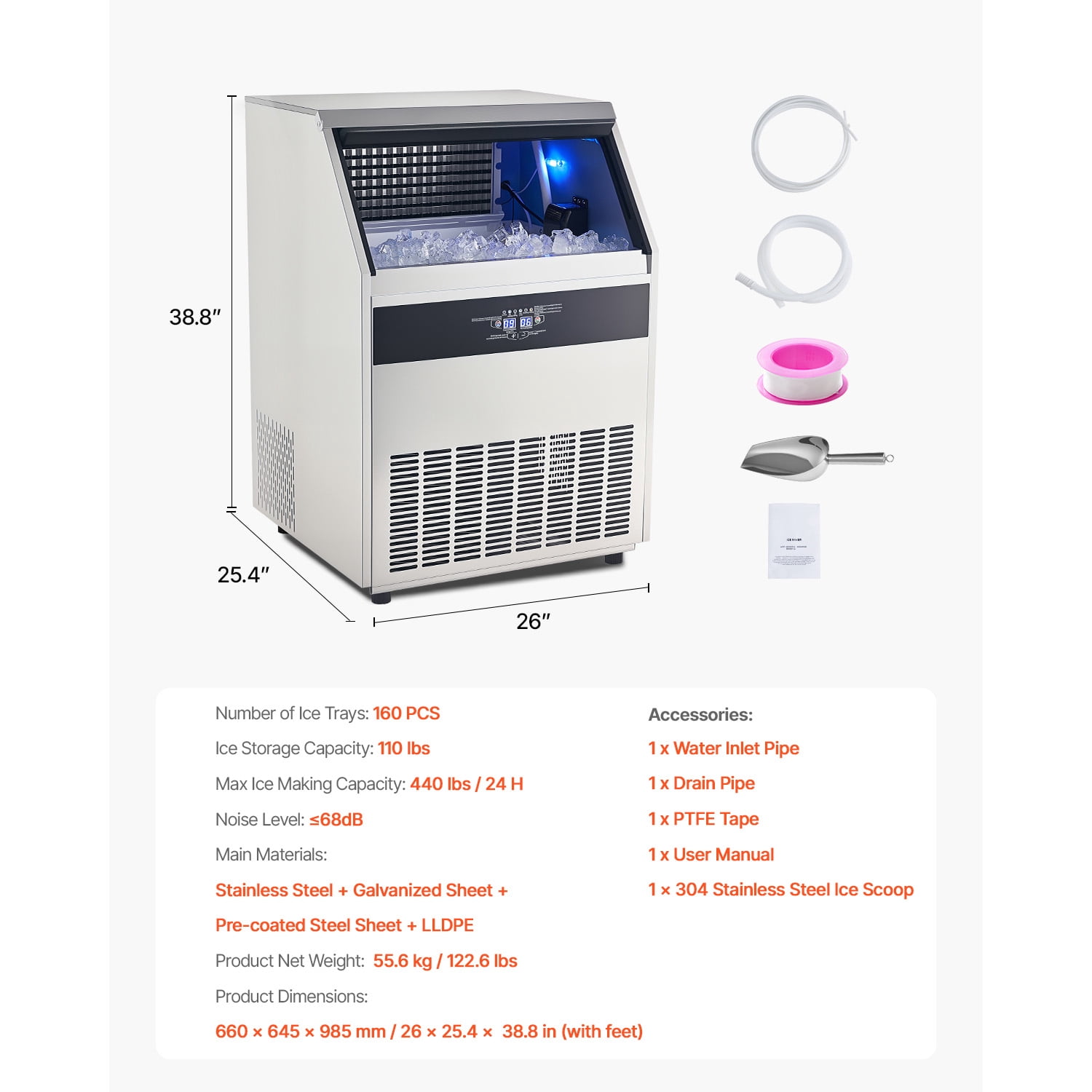 KFFKFF 440lbs Commercial Ice Maker Machine Stainless Steel Under Counter ice Machine with 130lbs Storage Bins with Auto Clean