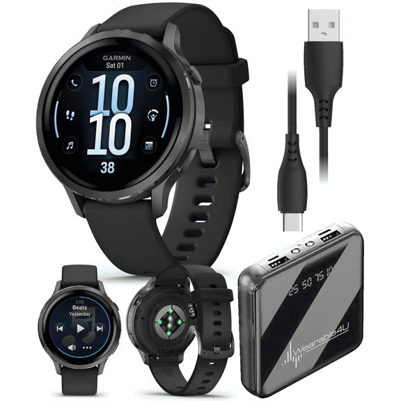 Garmin Venu 4 - 41mm AMOLED Advanced Health & Fitness GPS Smartwatch, Bright & Colorful Display, Flashlight, Up to 10 Days, Slate with Black Silicone Band w/Wearable4U PowerBank Bundle