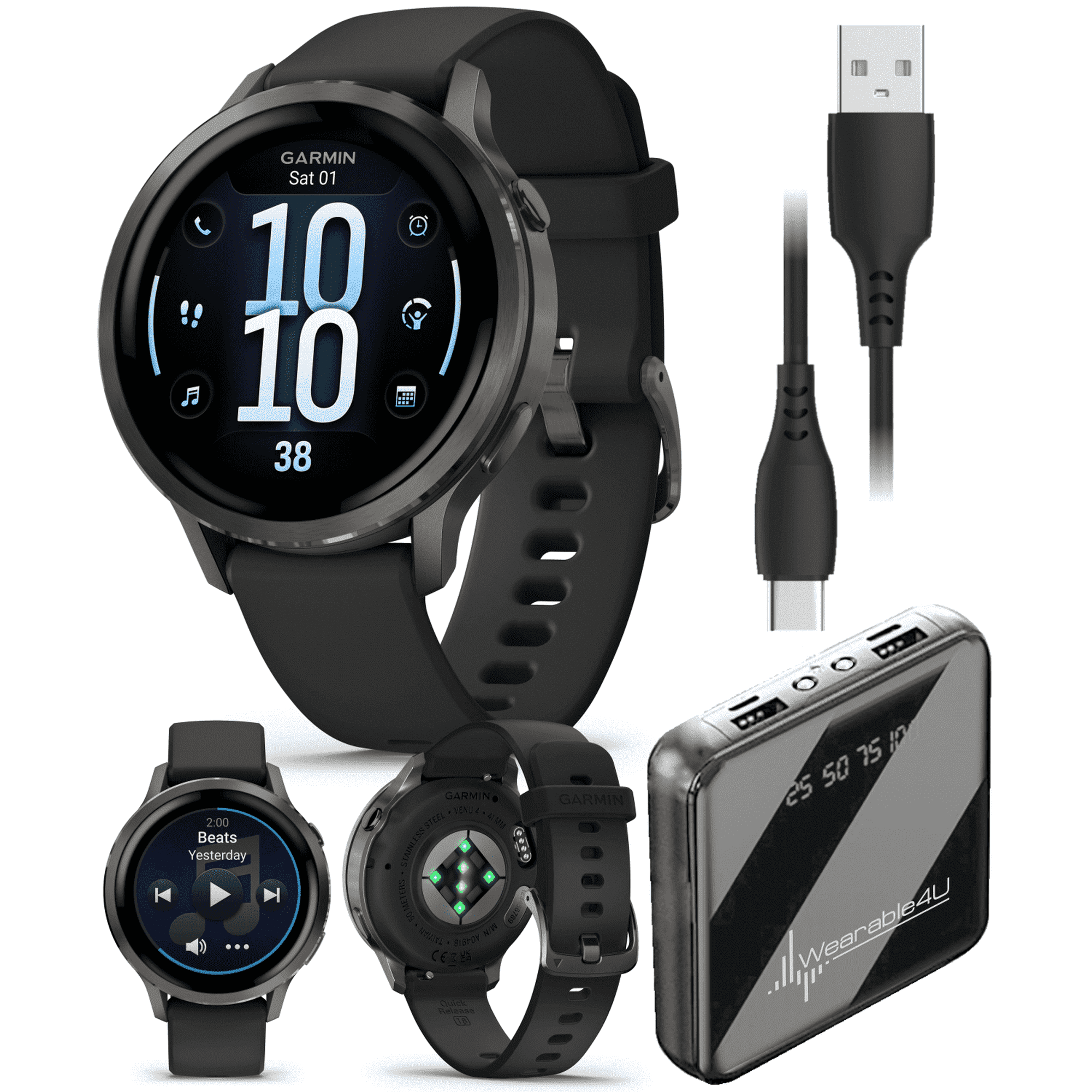 Garmin Venu 4 - 41mm AMOLED Advanced Health & Fitness GPS Smartwatch, Bright & Colorful Display, Flashlight, Up to 10 Days, Slate with Black Silicone Band w/Wearable4U PowerBank Bundle
