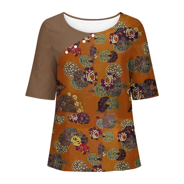 Haut Décontracté à Imprimé Floral pour Femmes, Col Rond, Manches Courtes, Aguichant, Manches 3/4