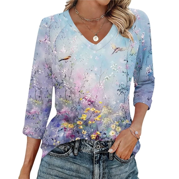 Hxlamzoo Women's 3/4 Length Sleeve V-Neck Print Shirt with Raglan Sleeve, Chic Style