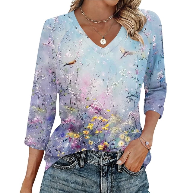 Ounisa T-Shirts à Manches 3/4 pour Femmes Col en V Manches Raglan Chandail Imprimé Décontracté Tendance Printemps Été Mode Hauts P-2TG
