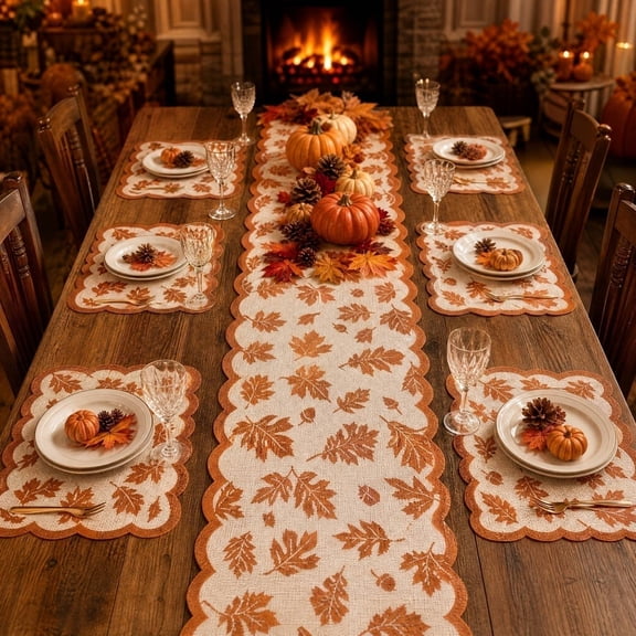 Fall Lace Table Runner with 4 Placemats, Orange Maple Leaves Tablecloth Set, Thanksgiving Fall Decor for Home Kitchen Dining, Autumn Table Decor