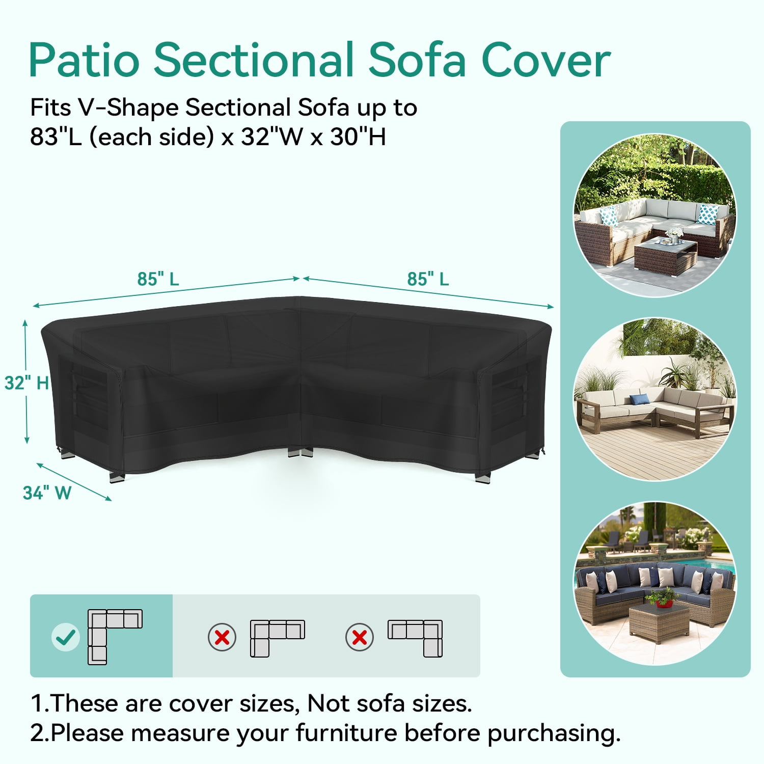 Adiqo Waterproof Patio Sectional Sofa Cover V-Shaped 5-Seater, Outdoor Couch Furniture Cover, 85" x 85" x 34" x 32"H, Black