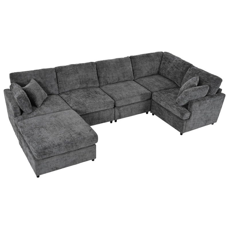 127" U-Shaped Modular Sectional Sofa with Movable Ottoman, 6-Piece Chenille Fabric Couch, Convertible Corner Sofa with Pine Wood Frame, Modern Deep Seat Sofa Set for Living Room & Apartment