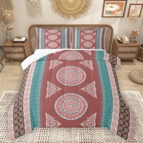 Homewish Retro Boho Print Full Size Comforter Sets,Rustic Bohemia Tribal Bedding Comforter Set,Pink Cyan Bedding Sets For Men Women,Luxury Bedroom Decor Reversible,3 Pieces