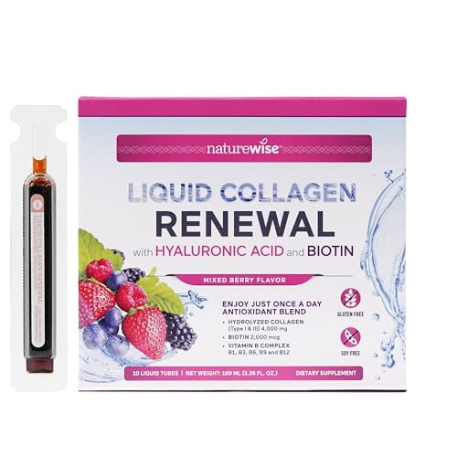 Colágeno líquido hidrolizado NatureWise para mujeres y hombres 4000 mg - Alta absorción, péptidos tipo 1 y 3 con biotina + vitamina C + complejo de vitamina B y ácido hialurónico - Bayas mixtas - 10 t