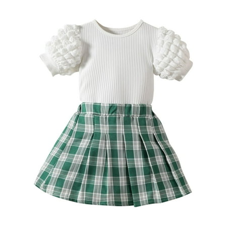 

Toddler Kids Baby Girls Puff Sleeve Short Sleeve Ribbed T Shirt Tops Plaid Pantskirts 2PCS Summer Outfits Clothes Set Long Sleeve Baby Girl Pajamas Crop Top Pants 12 Month Girl Clothes Baby Girls