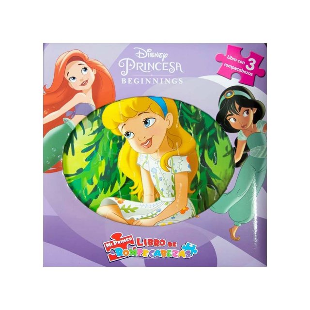 mi primer libro de rompecabezas disney princess beginnings phidal libro infantil cuadrado con portada morada; tres princesas Disney ilustradas rodean una ventana oval con la escena central en piezas de rompecabezas, etiqueta "3 rompecabezas" y marca Phidal, diseño para manos pequeñas y primeras actividades de lectura y armado.