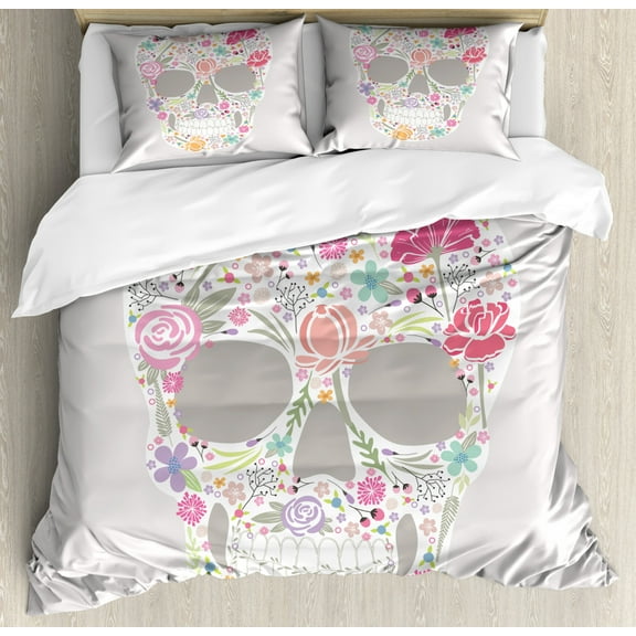 Sugar Skull King Size Duvet Cover Set, Day of the Dead Theme Florally Ornamented Sugar Skull with Petals and Leaves, Decorative 3 Piece Bedding Set with 2 Pillow Shams, Multicolor, by Ambesonne