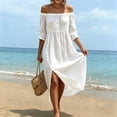 thumbnail image 4 of ClodeEU Women's Off The Shoulder 3/4 Sleeve Maxi Dress, Casual Tunic Waist Beach Dress with Side Slit White,Women's Plus L, 4 of 7