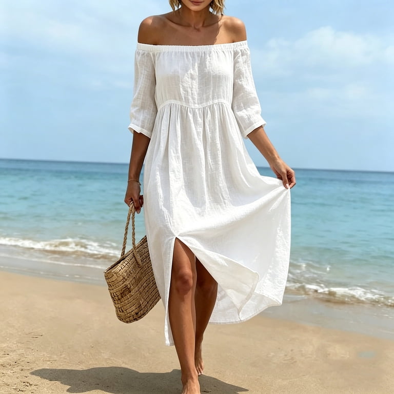 3 4 sleeve graduation dresses Uscallm Women Summer Plus Size Off Shoulder 3/4 Flowy Boho Beach Midi Maxi Loose Solid Casual for Vacation Party Dress, White M __tab1:sml